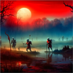 Fototapeta premium A mysterious, fog-shrouded landscape of skeletons warriors, illuminated by a deep red moon, created with Generative AI technology