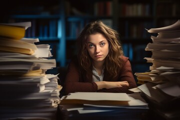 Young woman sitting at the table and working hard, a lots of documents in workplace. Overworking lady. AI generated