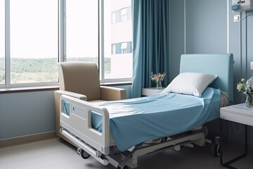 Modern Hospital Room Interior With Empty Bed, Armchair And Lcd Television