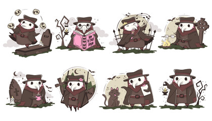 Set of cute kawaii plague doctor in various poses. Medical routine cartoon humorous concept.