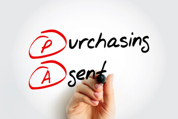 PA Purchasing Agent - consider price, quality, availability, reliability, and technical support when choosing suppliers and merchandise, acronym text concept with marker