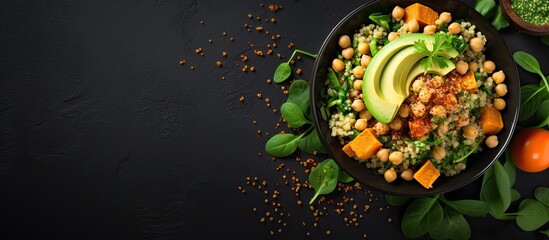 Top view of a black bowl with avocado quinoa sweet potato spinach and chickpea salad With copyspace for text