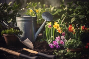 Spring flowers with the gardening tools in the garden, background with copy space for a greeting text, generative ai - obrazy, fototapety, plakaty
