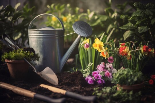 Spring flowers with the gardening tools in the garden, background with copy space for a greeting text, generative ai