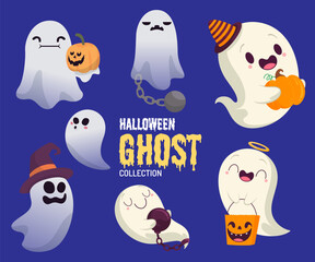 Set of Cute Funny Happy Ghosts Mascot. Halloween Ghost Character Collection. Suitable for event, poster, and banner