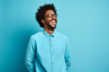 Cheerful african american man with afro hairstyle in blue shirt. ia generated