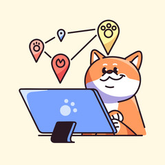 Cute Shiba makes rout concept. Funny dog planning travel, happy puppy mark position on trip, Akita pointing of location on map, kawaii pup see geolocation, GPS. Flat isolated vector illustration