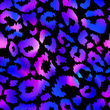 Trendy Neon Leopard seamless pattern. Vector purple rainbow wild animal cheetah skin, gradient leo texture with neon spots on black background for fashion print design, textile, wrapping, backgrounds