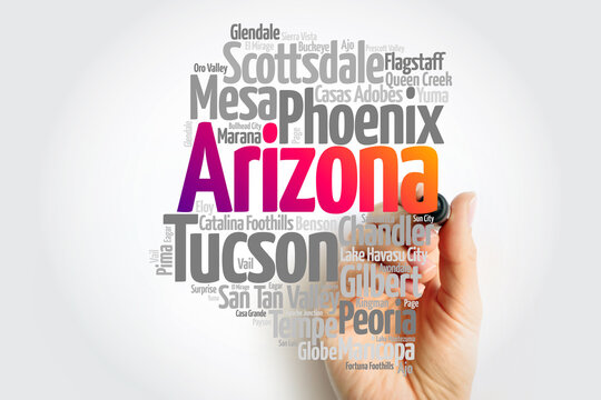 List of cities in Arizona USA state, map silhouette word cloud map concept