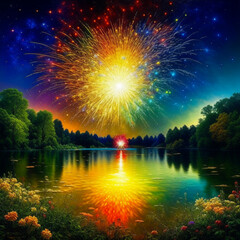 Fireworks over lake at night time, created with Generative AI technology