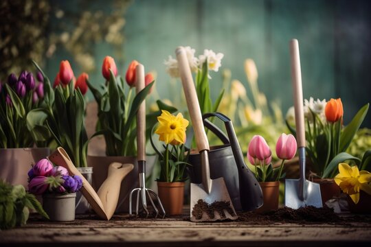 Spring flowers with the gardening tools in the garden, background with copy space for a greeting text, generative ai