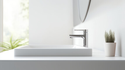 Fototapeta premium Faucet and sink in a bathroom, close up, modern style