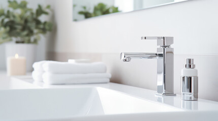 Fototapeta na wymiar Faucet and sink in a bathroom, close up, modern style