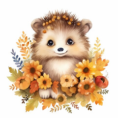 Fototapeta na wymiar Autumn hedgehog with flowers, watercolor illustration.