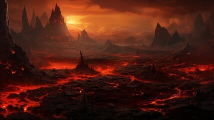 An otherworldly volcanic landscape, with steaming vents and molten lava flows. - obrazy, fototapety, plakaty