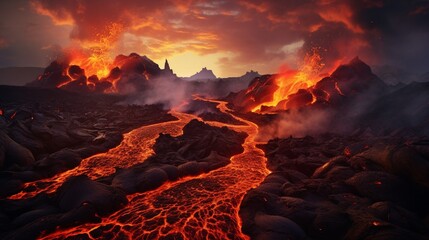 An otherworldly volcanic landscape, with steaming vents and molten lava flows. - obrazy, fototapety, plakaty