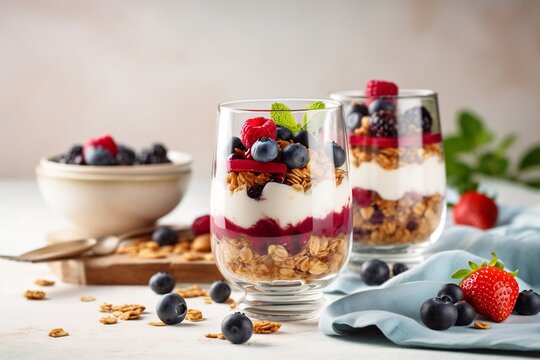 yogurt granola parfait with blueberry and raspberry, healthy breakfast with yogurt granola, copy space, generative ai