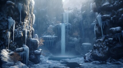 A frozen waterfall, its icicles glistening in the muted light of winter.