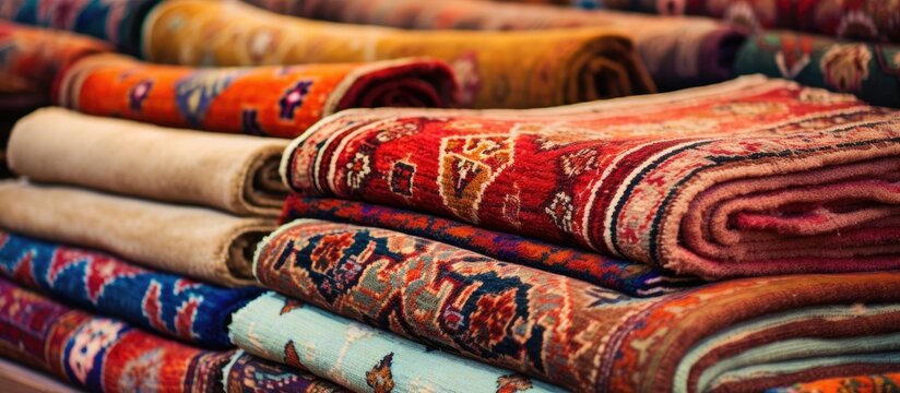 Traditional Middle Eastern market bazaar showcasing a range of beautiful handmade Turkish carpets With copyspace for text