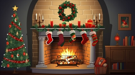 Fireplace in room with Christmas decorations. Interior design. ai generative