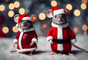 Topini sotto la neve vestiti da babbo natale