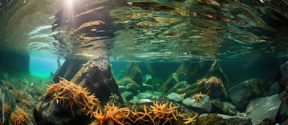 Wall mural The Channel Islands in California are home to a kelp forest where many fish and invertebrates live among brittle stars on the rocky bottom With copyspace for text