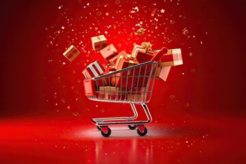 Christmas shopping cart on red background with golden stars falling. Generative AI - obrazy, fototapety, plakaty