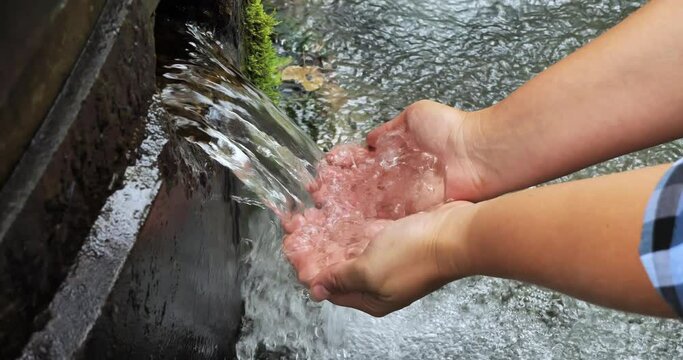Hands scoop up clear water from a forest spring. A man drinks water from a beautiful clean natural spring. Hands collect cool, clean water from a spring.