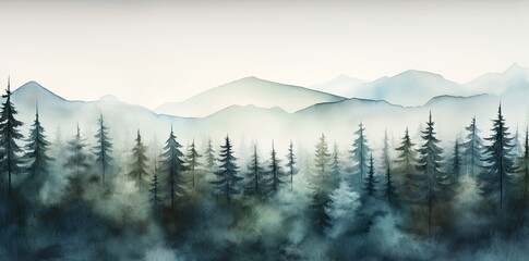 Landscape with blue misty forest trees. Generative AI