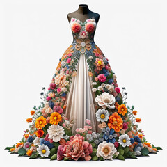 The beautiful gown is adorned with real flowers that bloom, created with Generative AI technology