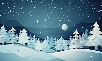 Winter Night Scenery With Snow-covered Trees. Blue tones. Christmas background. Generative AI