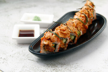 Freshly prepared Japanese sushi rolls