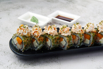 Freshly prepared Japanese sushi rolls