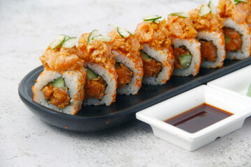 Freshly prepared Japanese sushi rolls