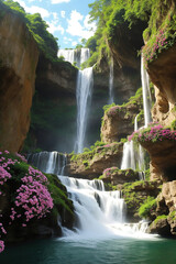Waterfall in the jungle, wildflowers on the rocks, created with Generative AI technology
