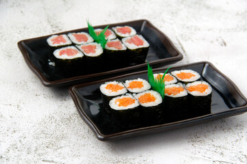 Freshly prepared Japanese sushi rolls