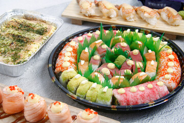 Freshly prepared Japanese sushi rolls