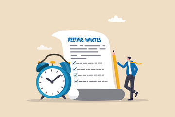 Meeting minutes, lecture summary or meeting conclusion document, effective writing for discussion plan, note or information report concept, businessman writing meeting minutes with alarm clock.