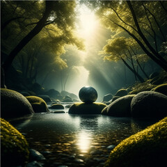 Landscape with river and rocks with foggy scenery, created with Generative AI technology