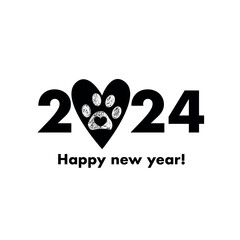 2024 text black with heart paw prints. Merry Christmas greeting card