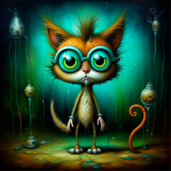 Alien cat wearing spectacles in a scary room, created with Generative Ai technology