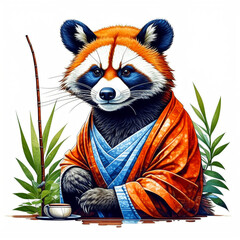 Red panda portrait in a kimono drinking tea in a bamboo forest, created with Generative AI technology