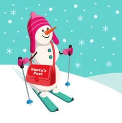Zelfklevend Fotobehang Snowman on skis with postman's bag on winter landscape background. Vector cartoon illustration. Santa's post © Olga_siberia