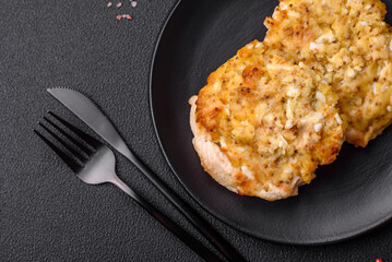 Delicious meat fried with Dijon mustard with salt, spices and herbs