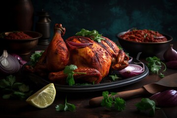 indian tandoori chicken with onions and herbs, roasted meat, copy space, generative ai - obrazy, fototapety, plakaty