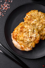 Delicious meat fried with Dijon mustard with salt, spices and herbs