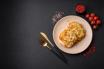 Delicious meat fried with Dijon mustard with salt, spices and herbs