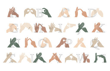 British Sign Language Alphabet for the deaf and hard of hearing. Vector illustrations isolated on white background. - obrazy, fototapety, plakaty