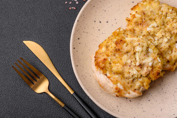 Delicious meat fried with Dijon mustard with salt, spices and herbs