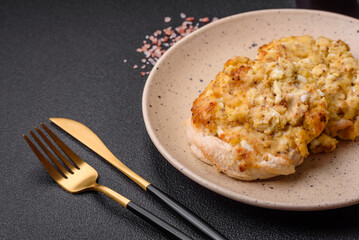 Delicious meat fried with Dijon mustard with salt, spices and herbs